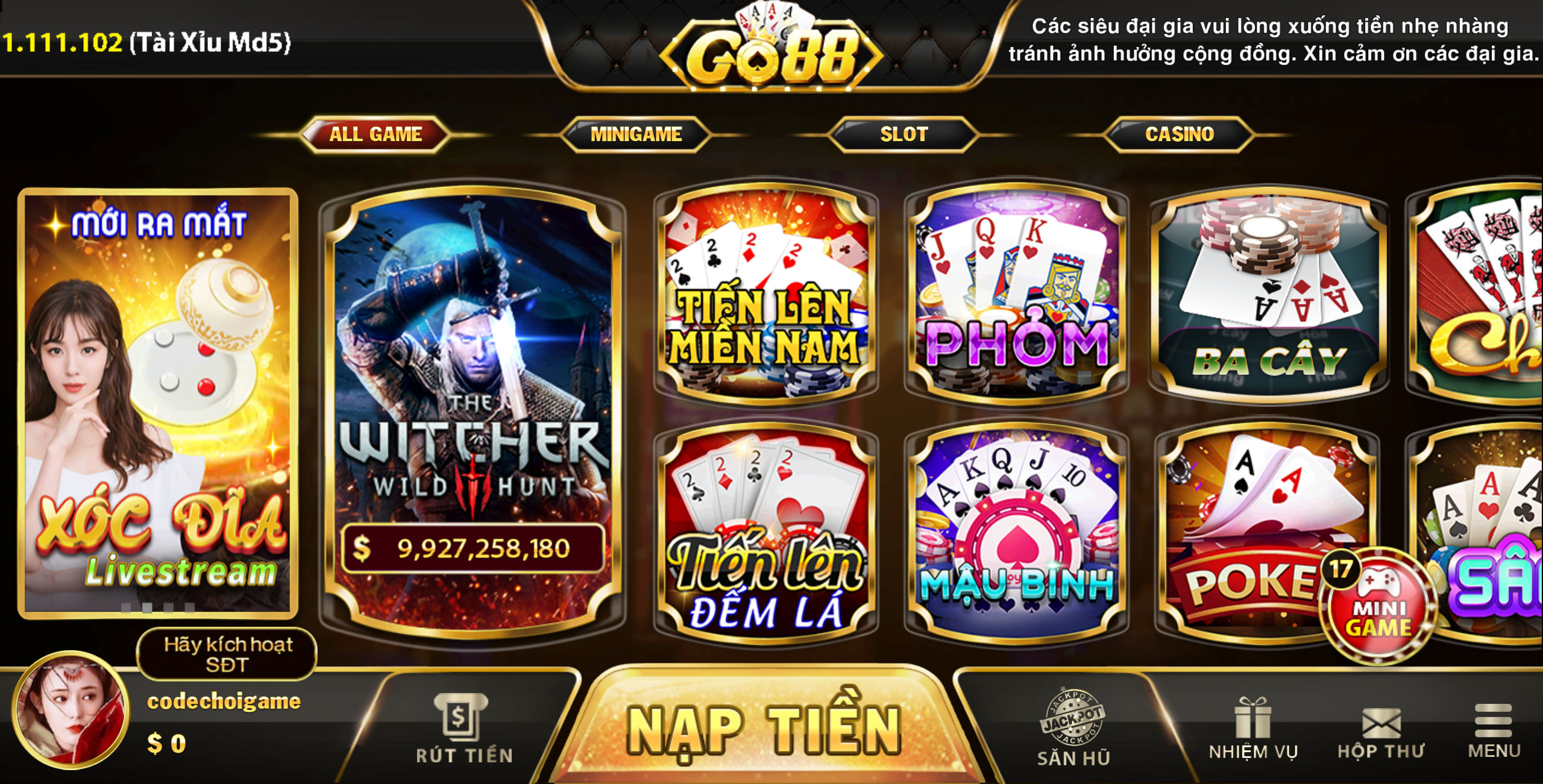 Mua src Game bài, tài xỉu - Go88S Full Game Tài Xỉu Md5, Bắn Cá, Bắn Máy Bay, Slots